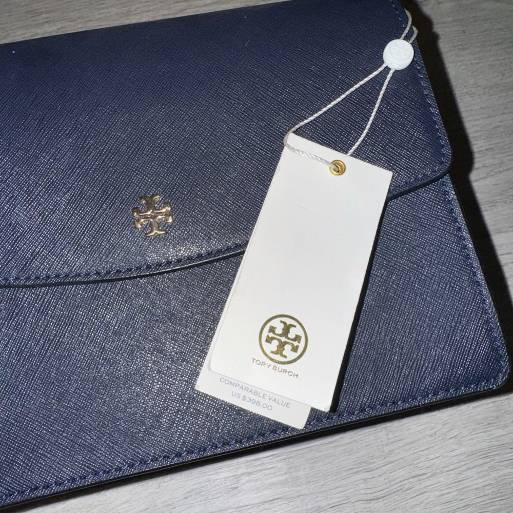 Tory Burch Navy Gold Hardware Robinson Convertible Leather Shoulder Bag 61450